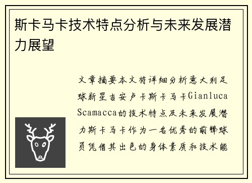 斯卡马卡技术特点分析与未来发展潜力展望
