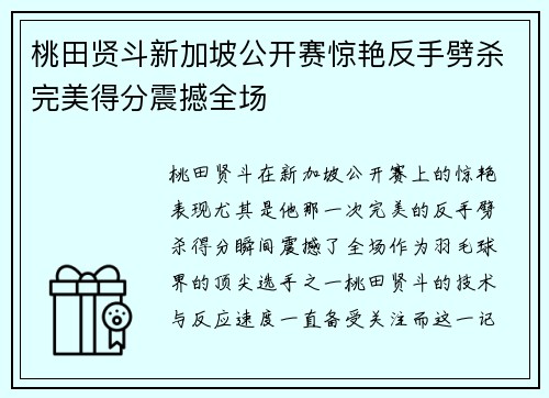 桃田贤斗新加坡公开赛惊艳反手劈杀完美得分震撼全场
